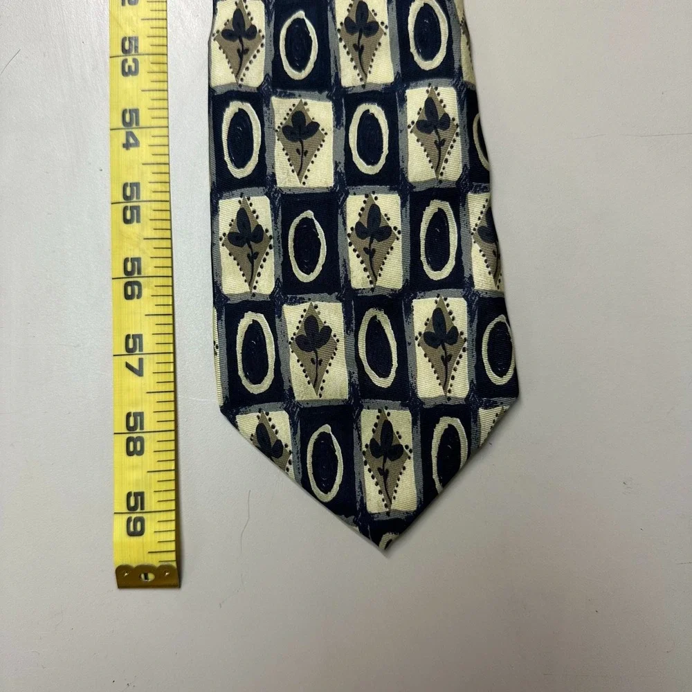 Au Masculin Watson Brothers Silk Tie Navy Blue Tan Geometric Floral Made Canada